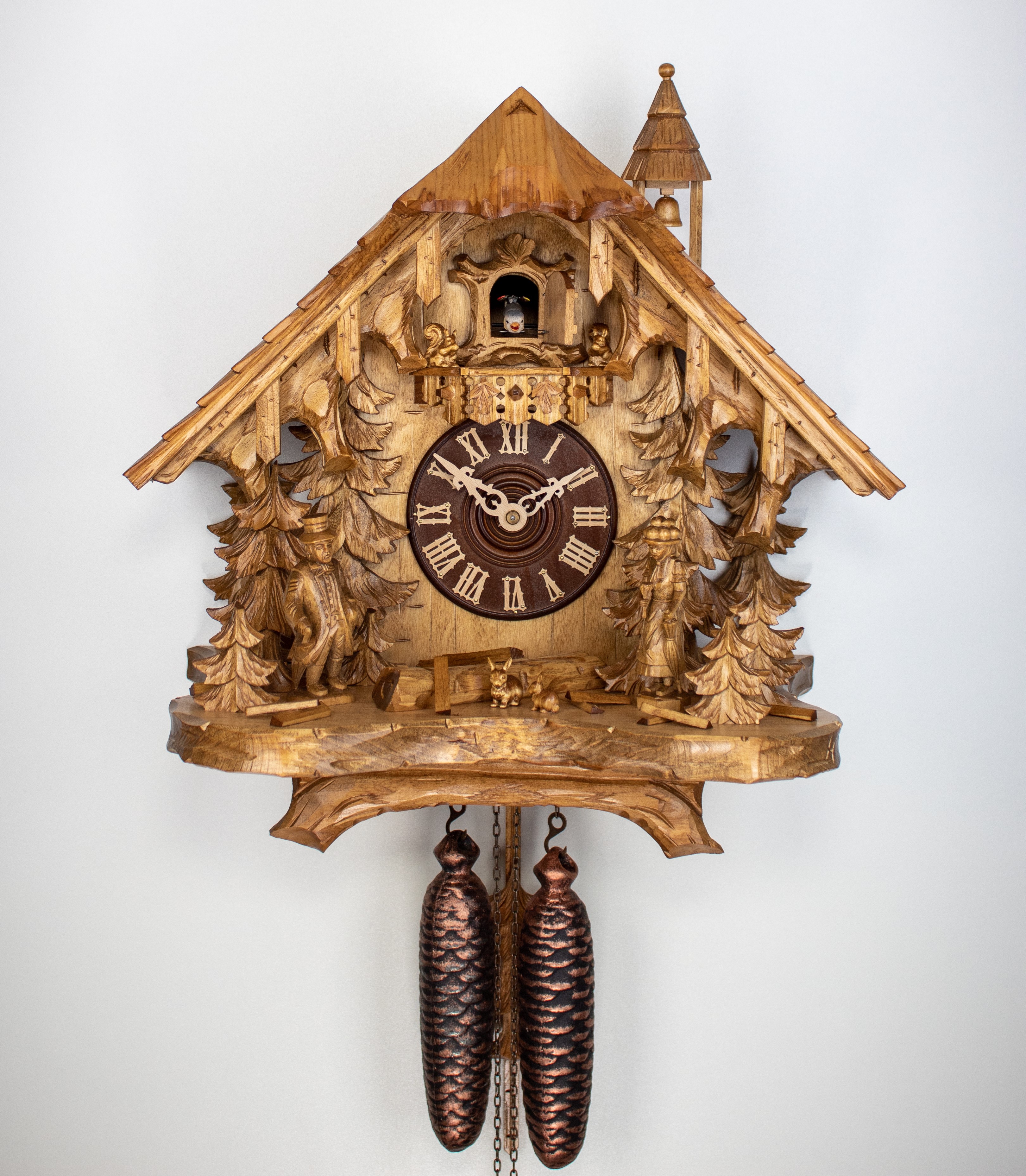 8 Days Cuckoo Clock Black Forest House with Black Forest Couple, Bell towerand Rabbits *Limited
