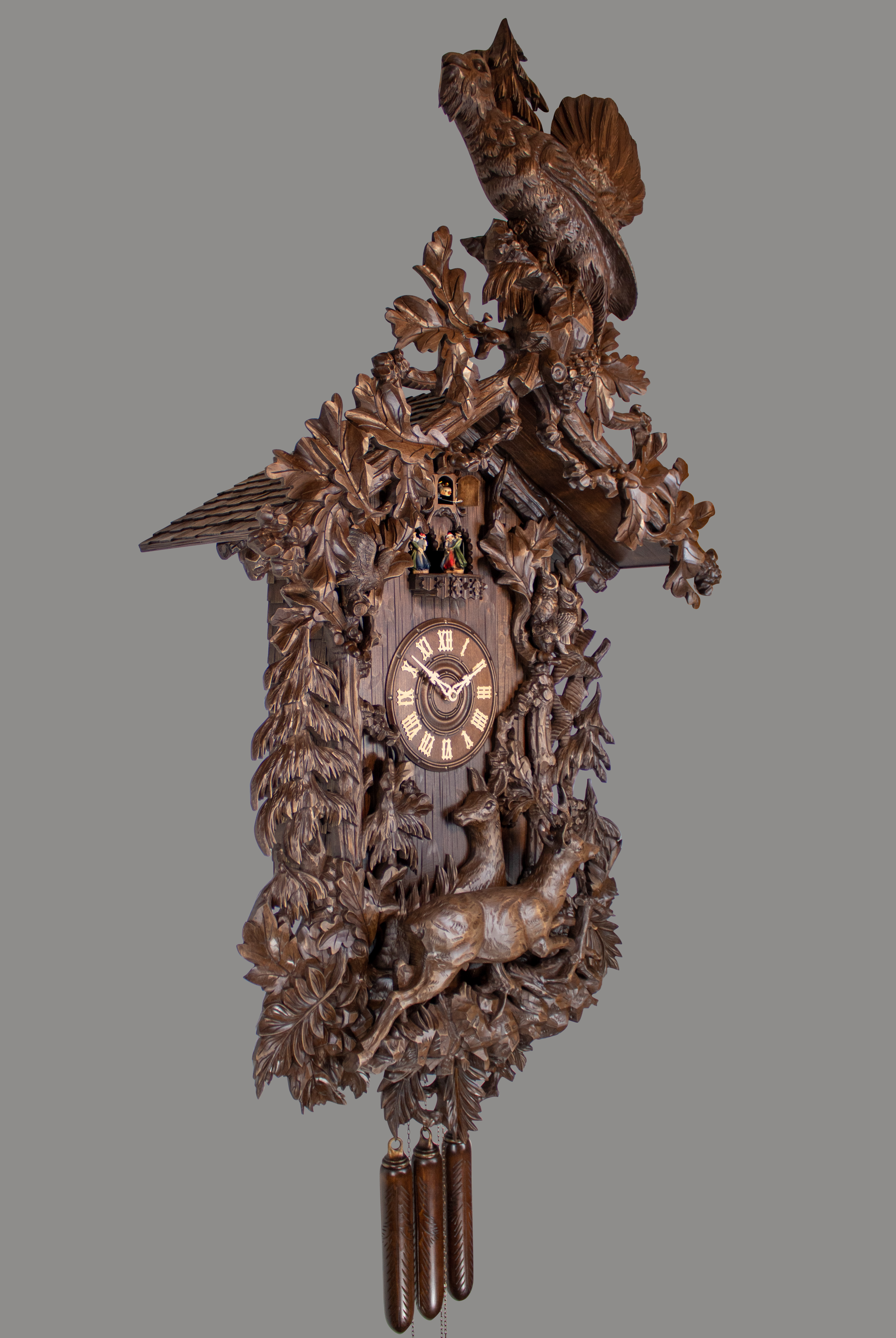 Historical 8 Days Music Dancer Cuckoo Clock with capercaillie and hunting scene with deers