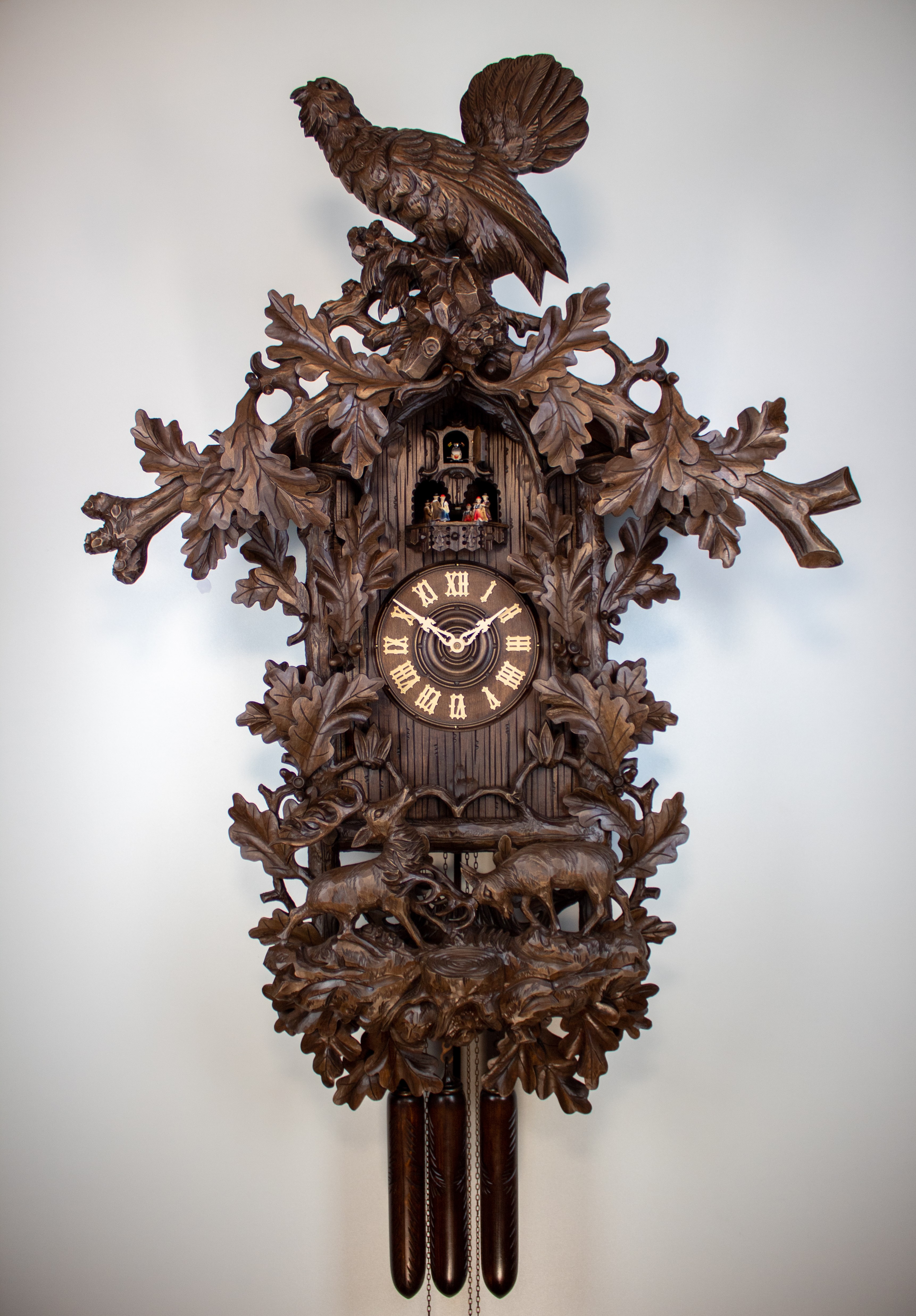 Historical 8 Days Music Dancer Cuckoo Clock with capercaillie and fighting deer 
