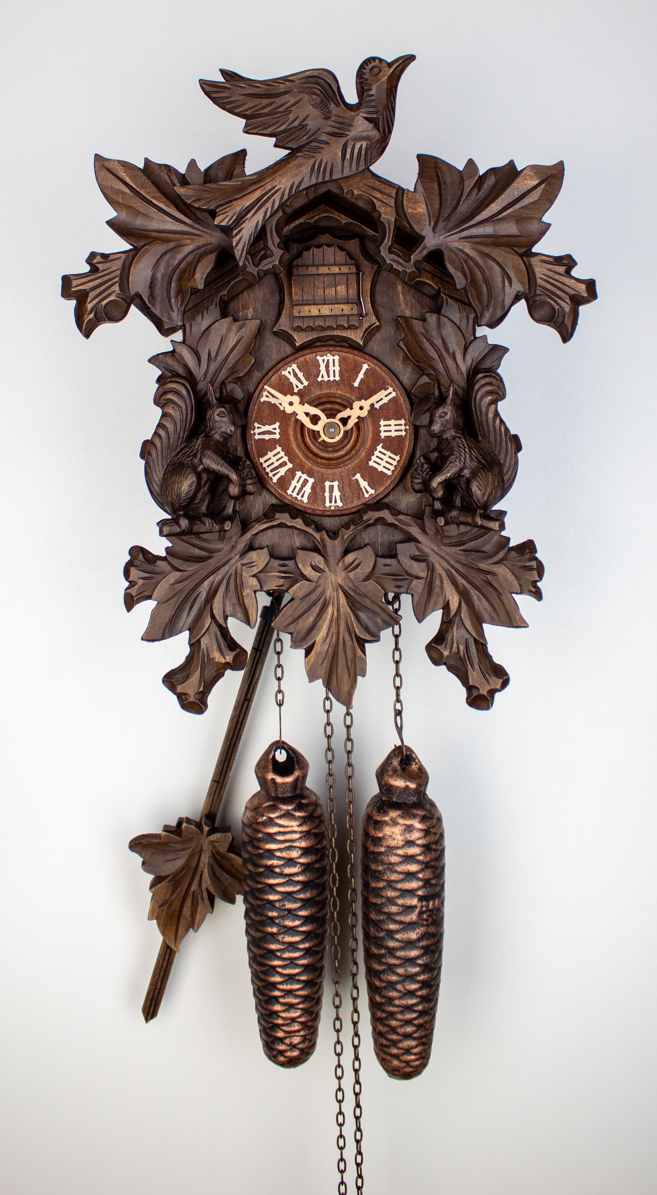 8 Days Cuckoo Clock with squirrel pair and vine leaves and bird