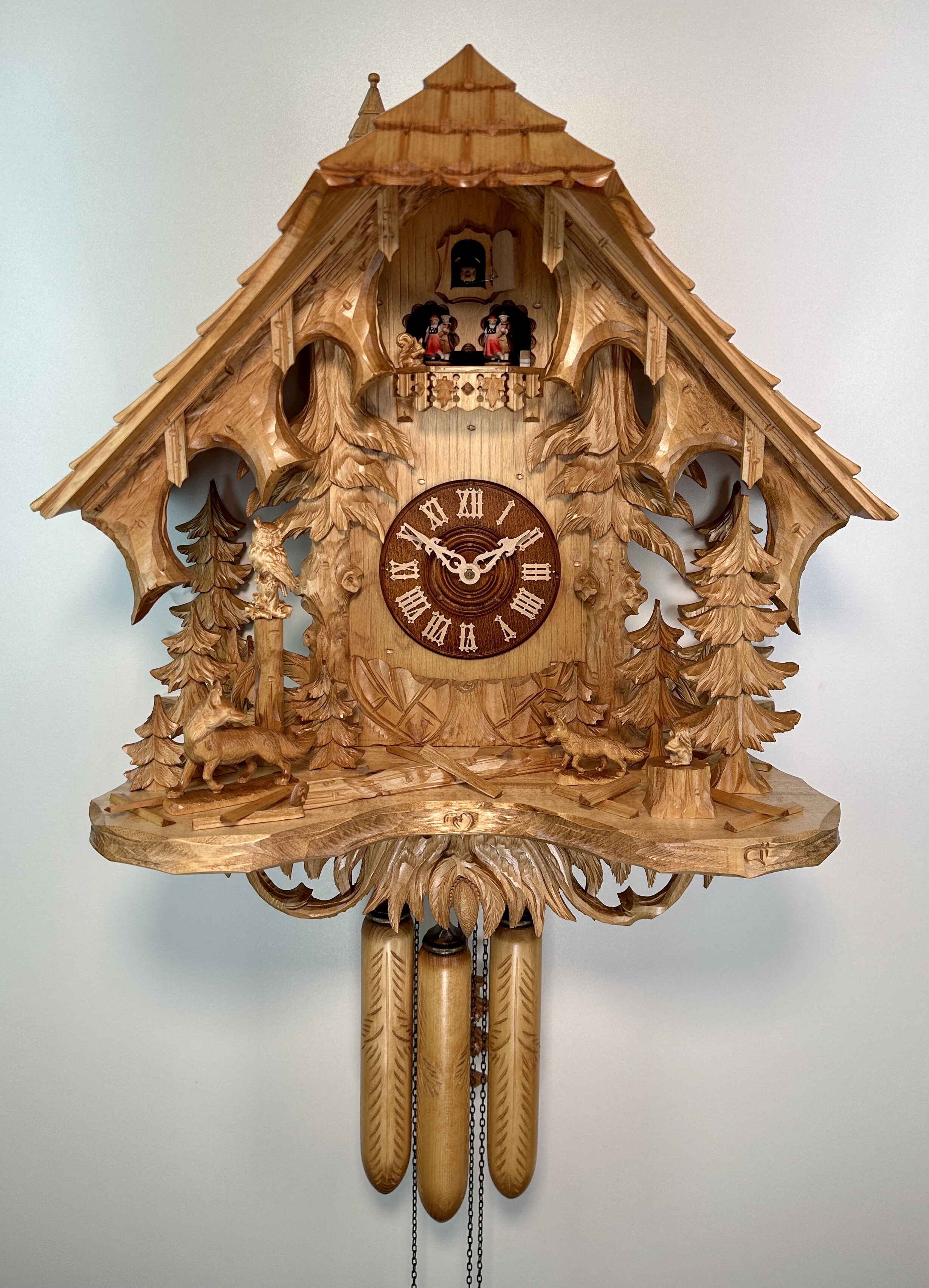8 Days Music Dancer  Cuckoo Clock Black Forest House with fox family
