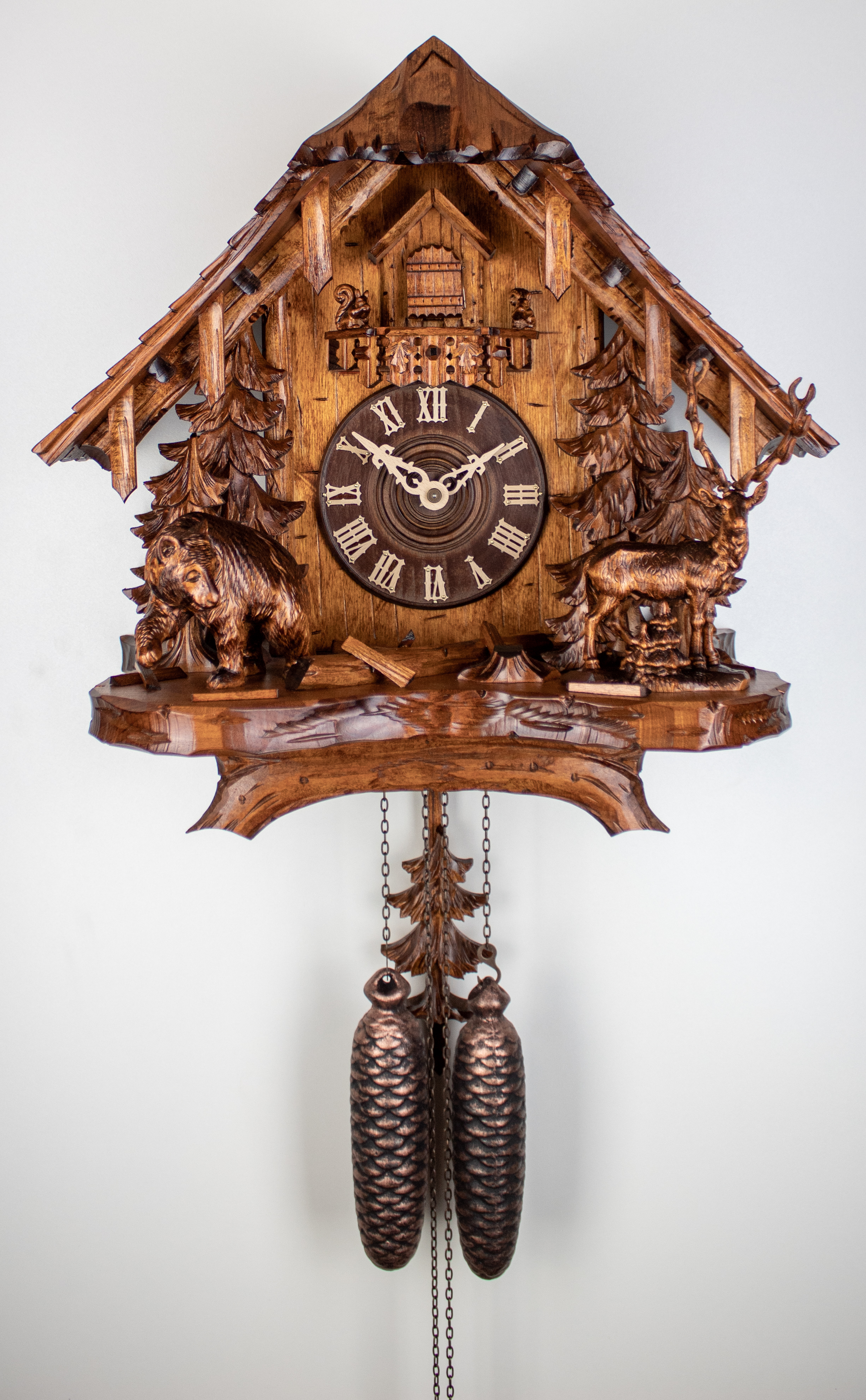 8 Days Cuckoo Clock Black Forest House with bear and deer