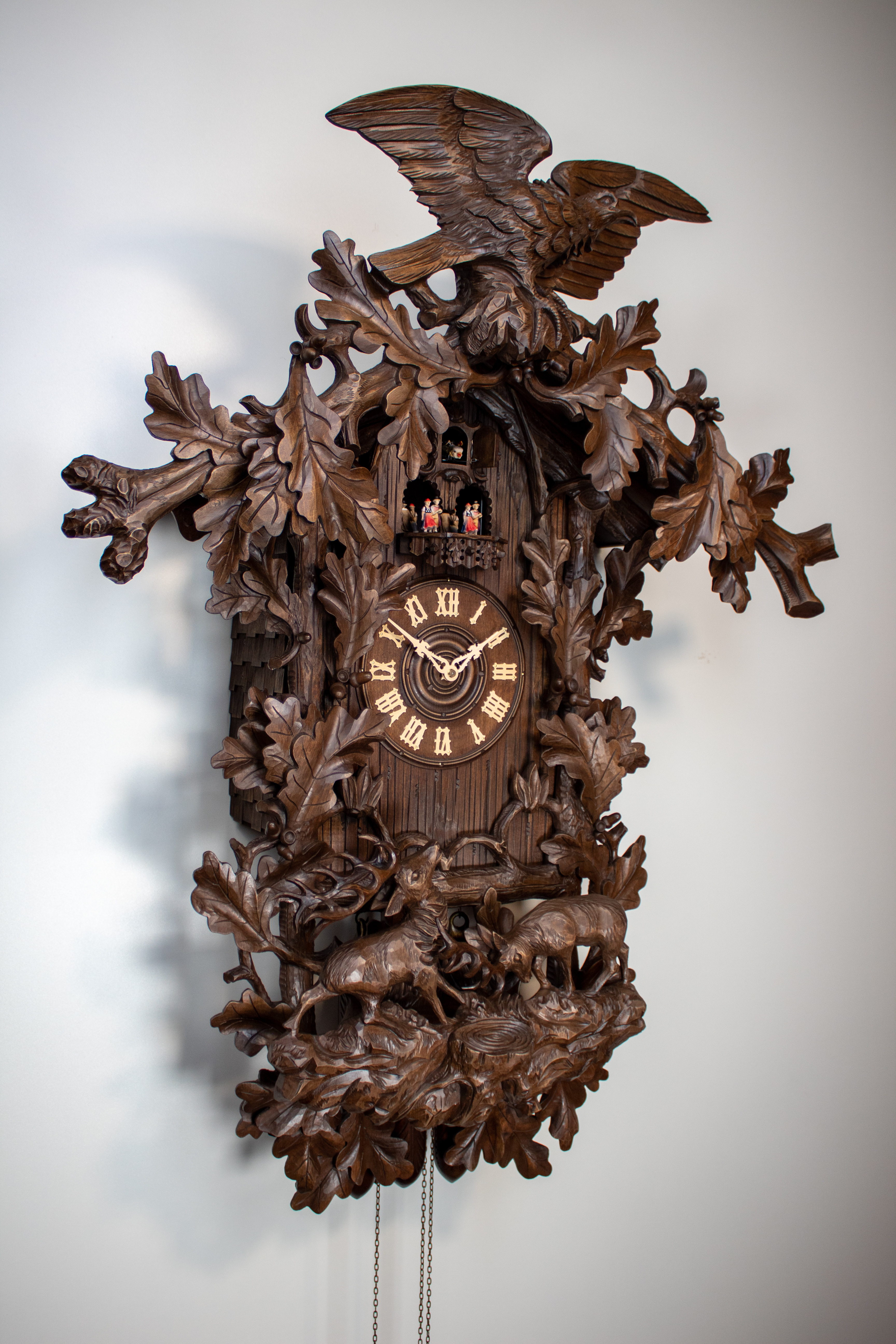 Historical 8 Days Music Dancer Cuckoo Clock with eagle and fighting deer 