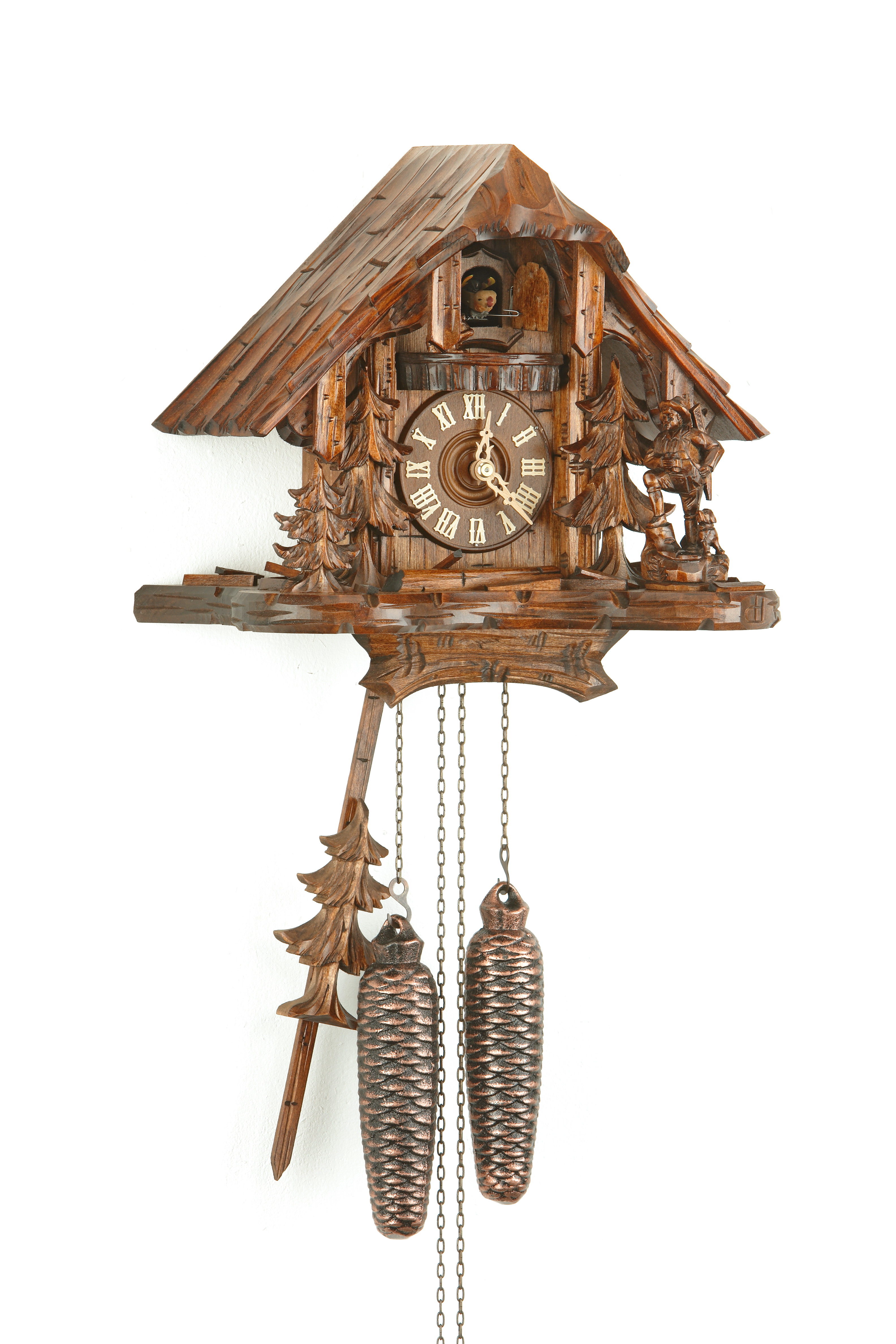 8 Days Cuckoo Clock Black Forest House with hunter and squirrel