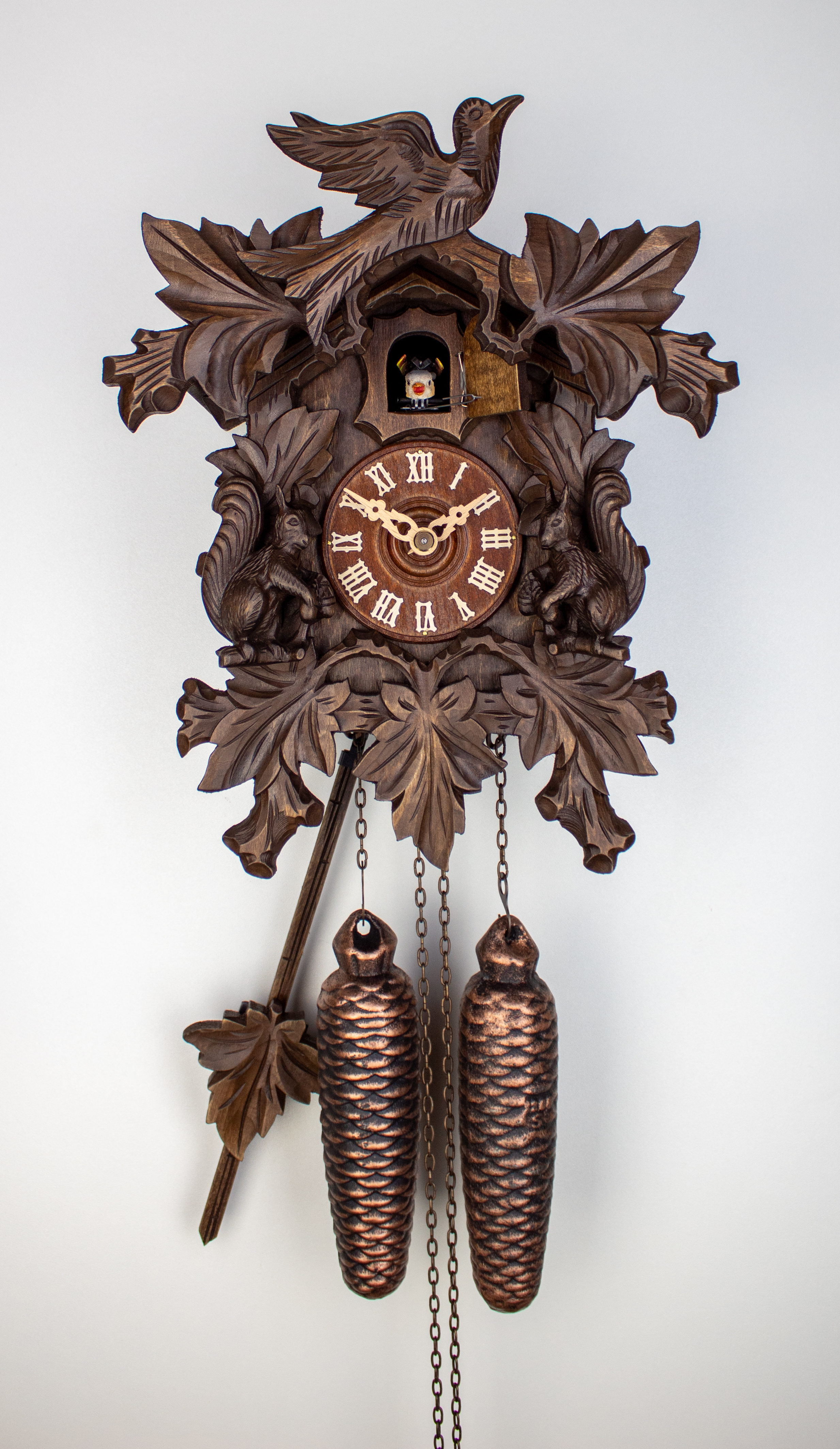 8 Days Cuckoo Clock with squirrel pair and vine leaves and bird