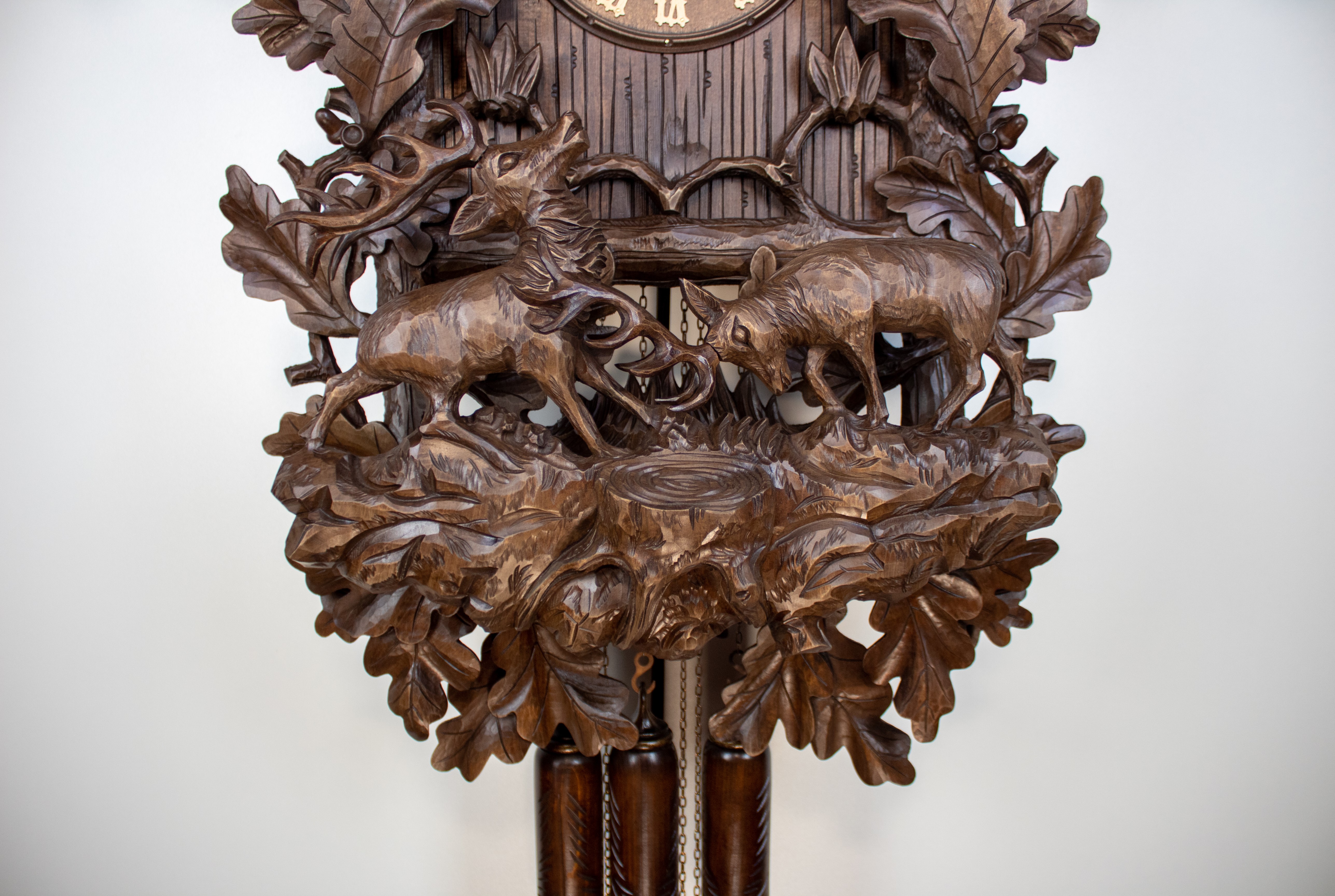 Historical 8 Days Music Dancer Cuckoo Clock with capercaillie and fighting deer 