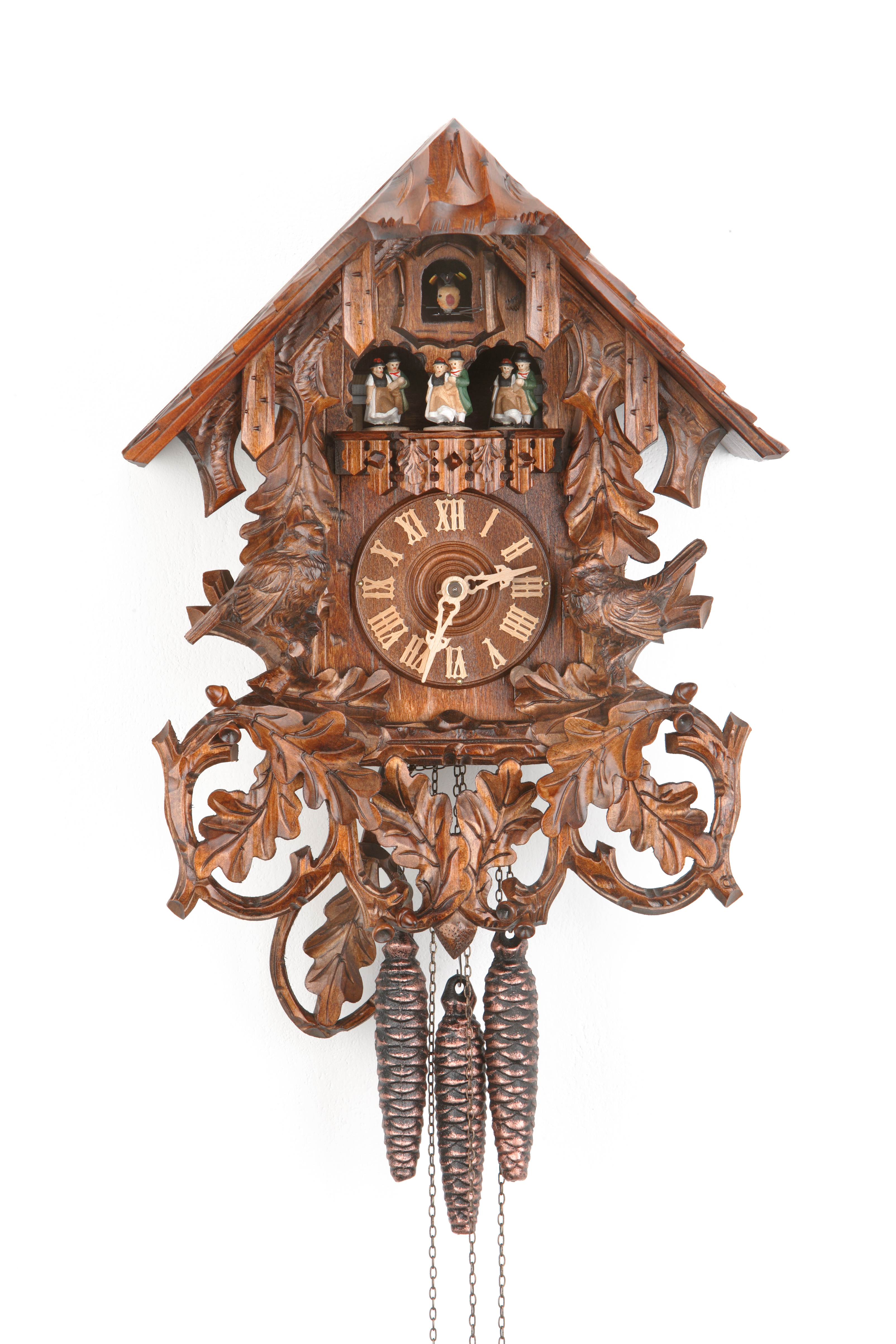 1 Day Music Dancer Cuckoo Clock Black Forest House with sparrows