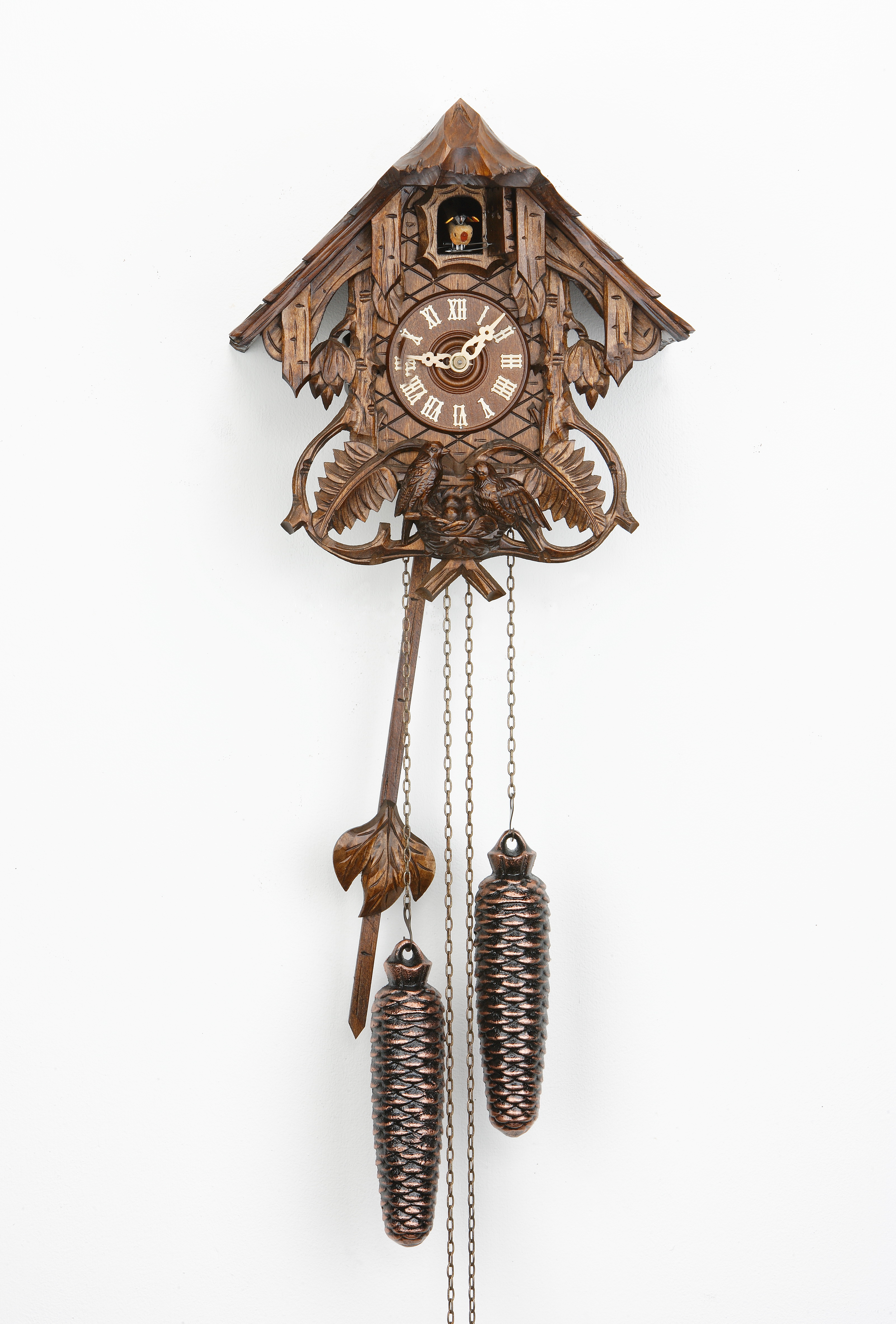 8 Days Cuckoo Clock Black Forest House with fern leaves and bird family