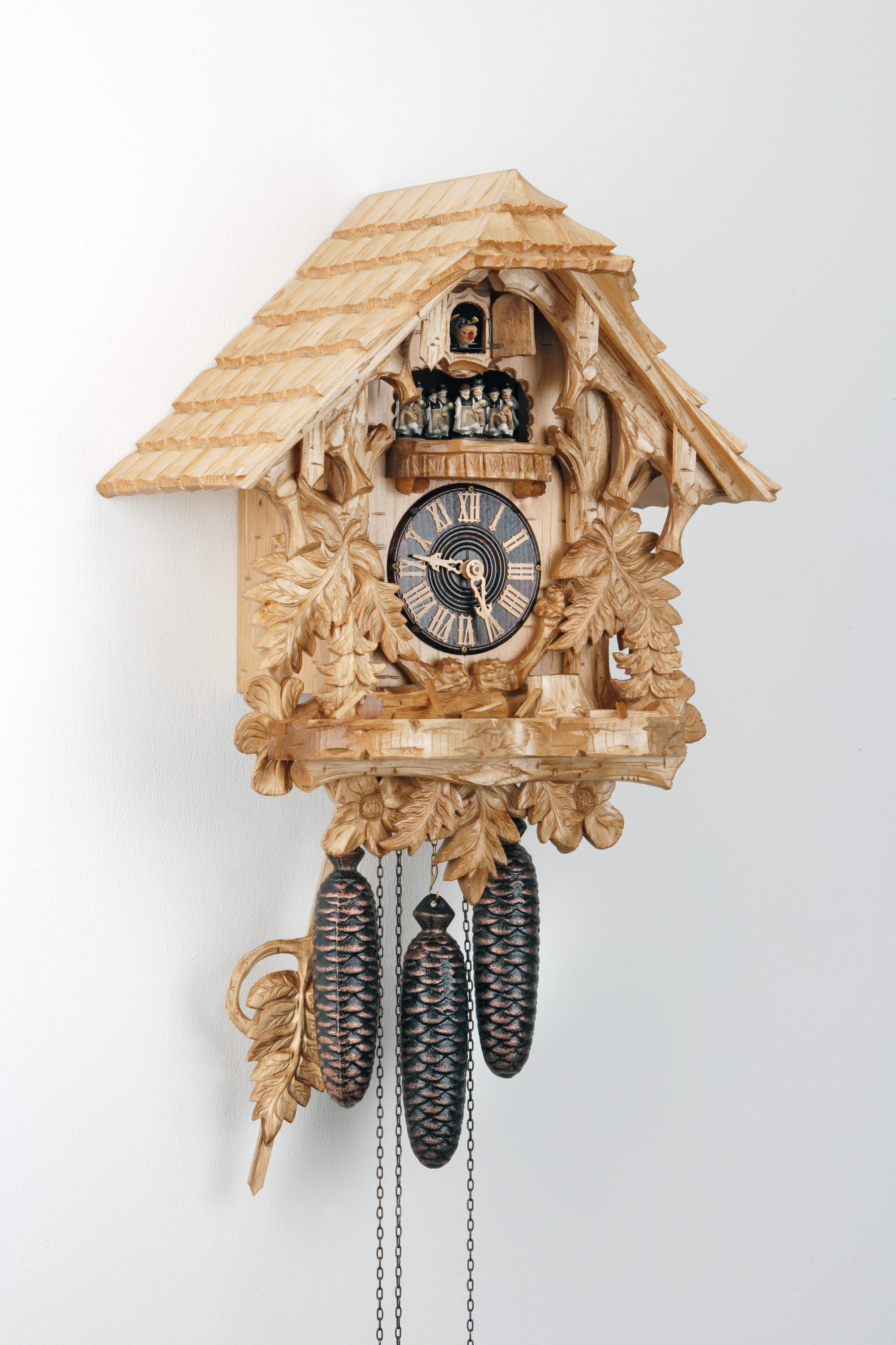 8 Days Music Dancer  Cuckoo Clock Black Forest House with fern leaves