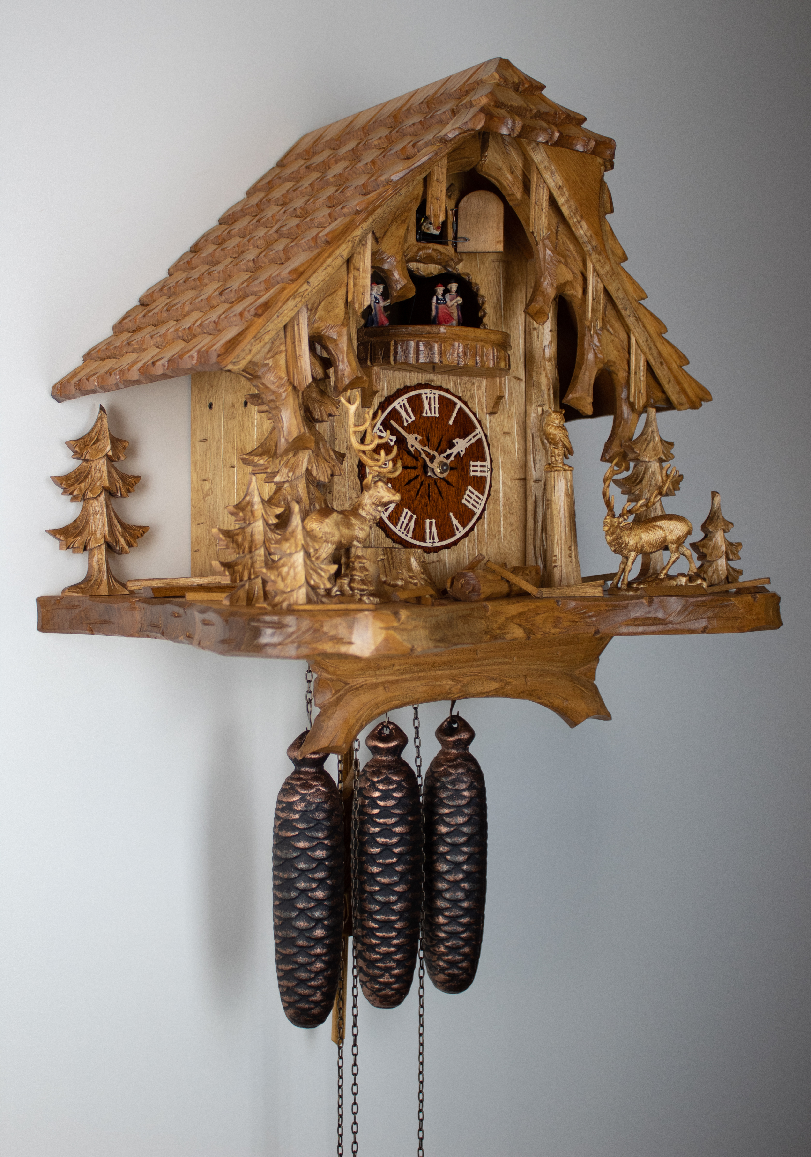 8 Days Music Dancer  Cuckoo Clock Black Forest House with deer and owl