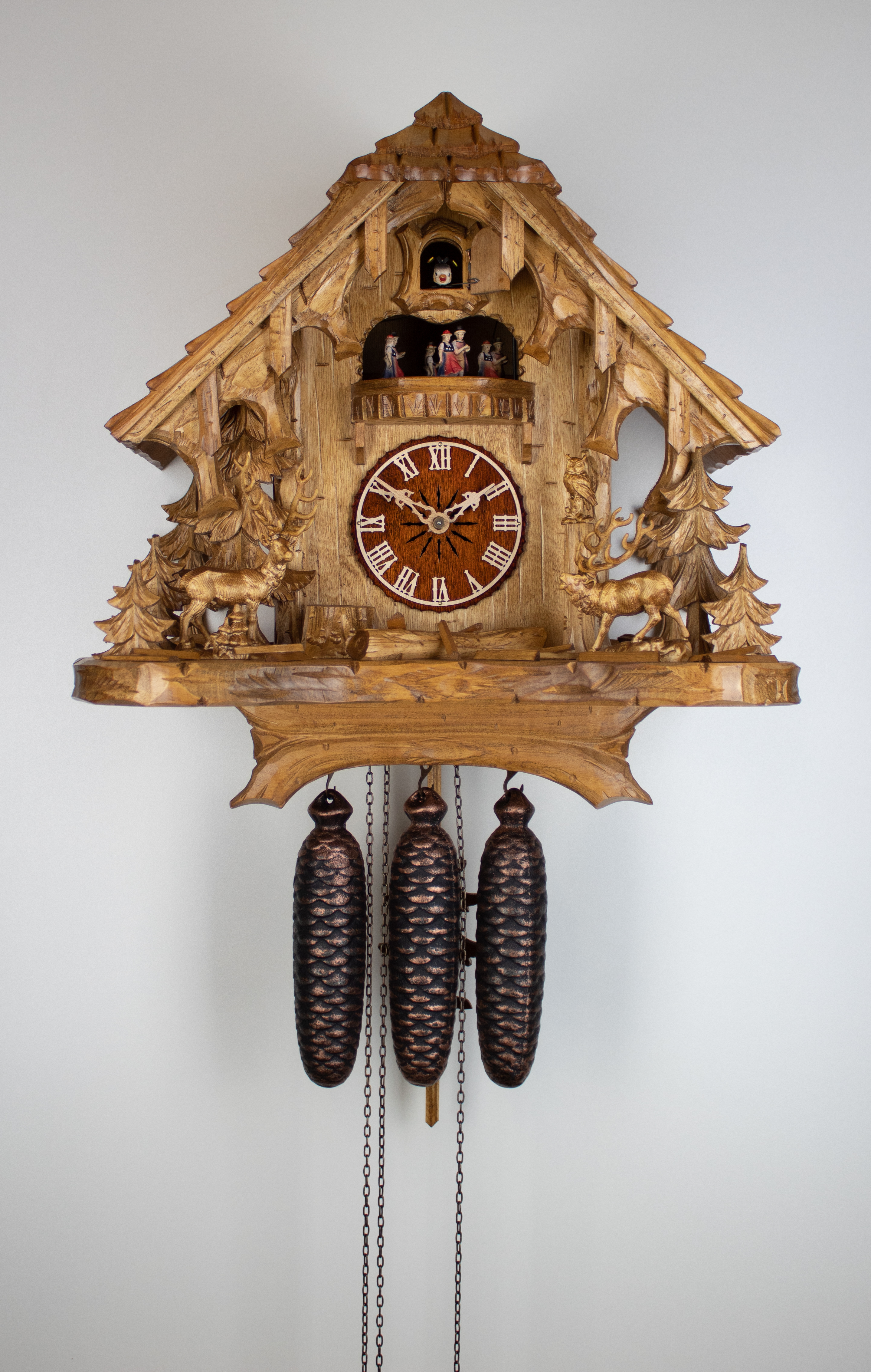 8 Days Music Dancer  Cuckoo Clock Black Forest House with deer and owl