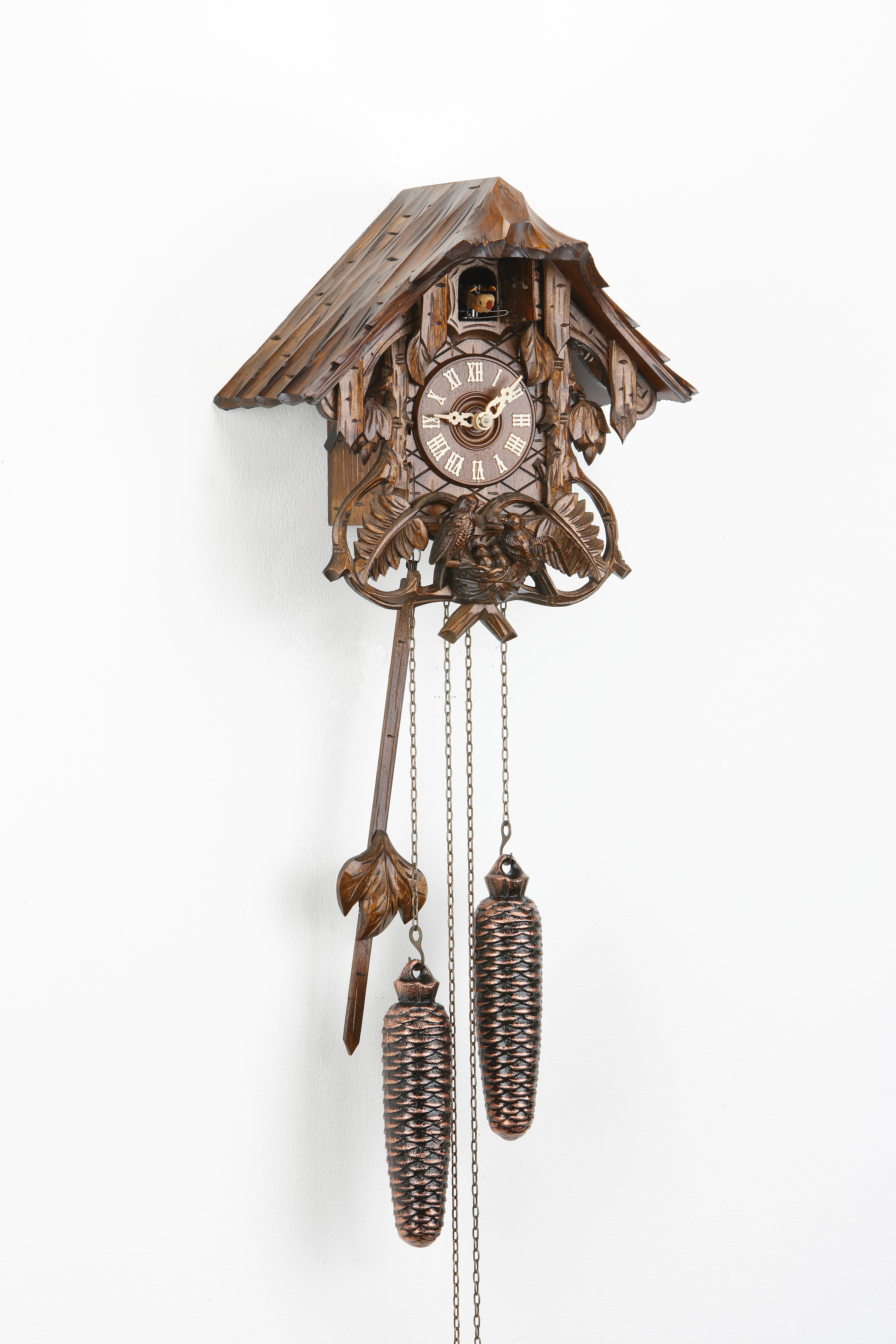 8 Days Cuckoo Clock Black Forest House with fern leaves and bird family