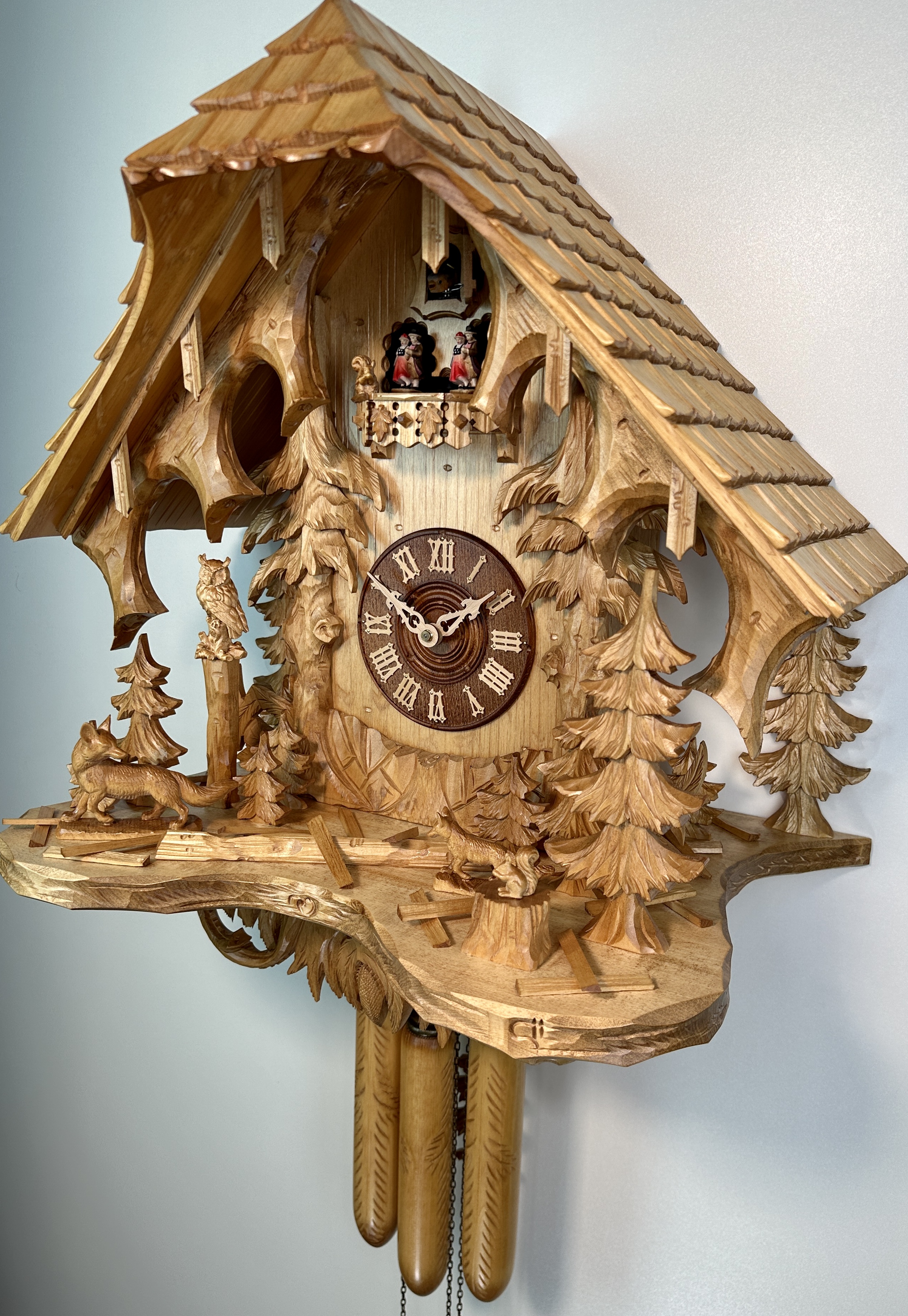 8 Days Music Dancer  Cuckoo Clock Black Forest House with fox family